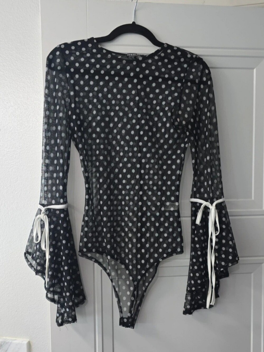 Sheer Polka Dot Long Bell-Sleeve Bodysuit - Black/White